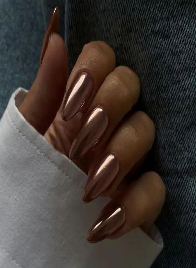 SEMATA Brown Chrome Acrylic Press on Nails Almond Medium Acrylic Nails Press ons Brown Glue on Fake Nail with Bling Glossy Designs Reusable Artificial Stick on False Nail for Women 24Pcs - Image 2